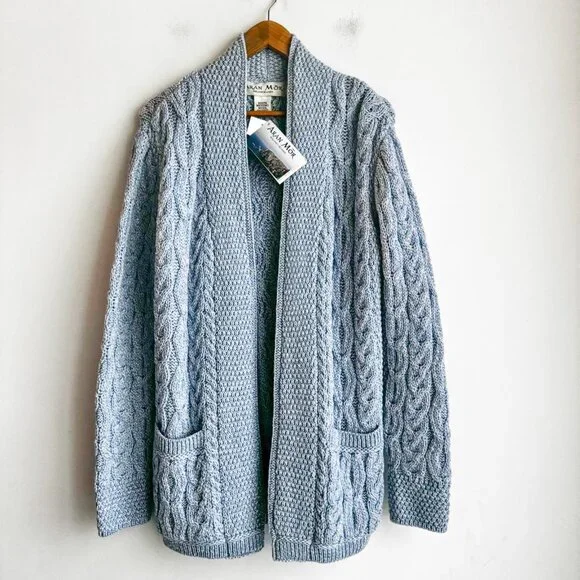 Aran Mor Merino Wool Cable Knit Blue Open Front Cardigan L
